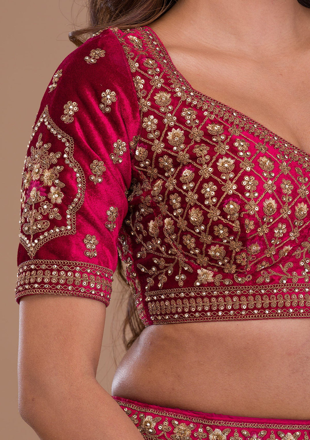Maroon Stonework Velvet Readymade Lehenga-Koskii