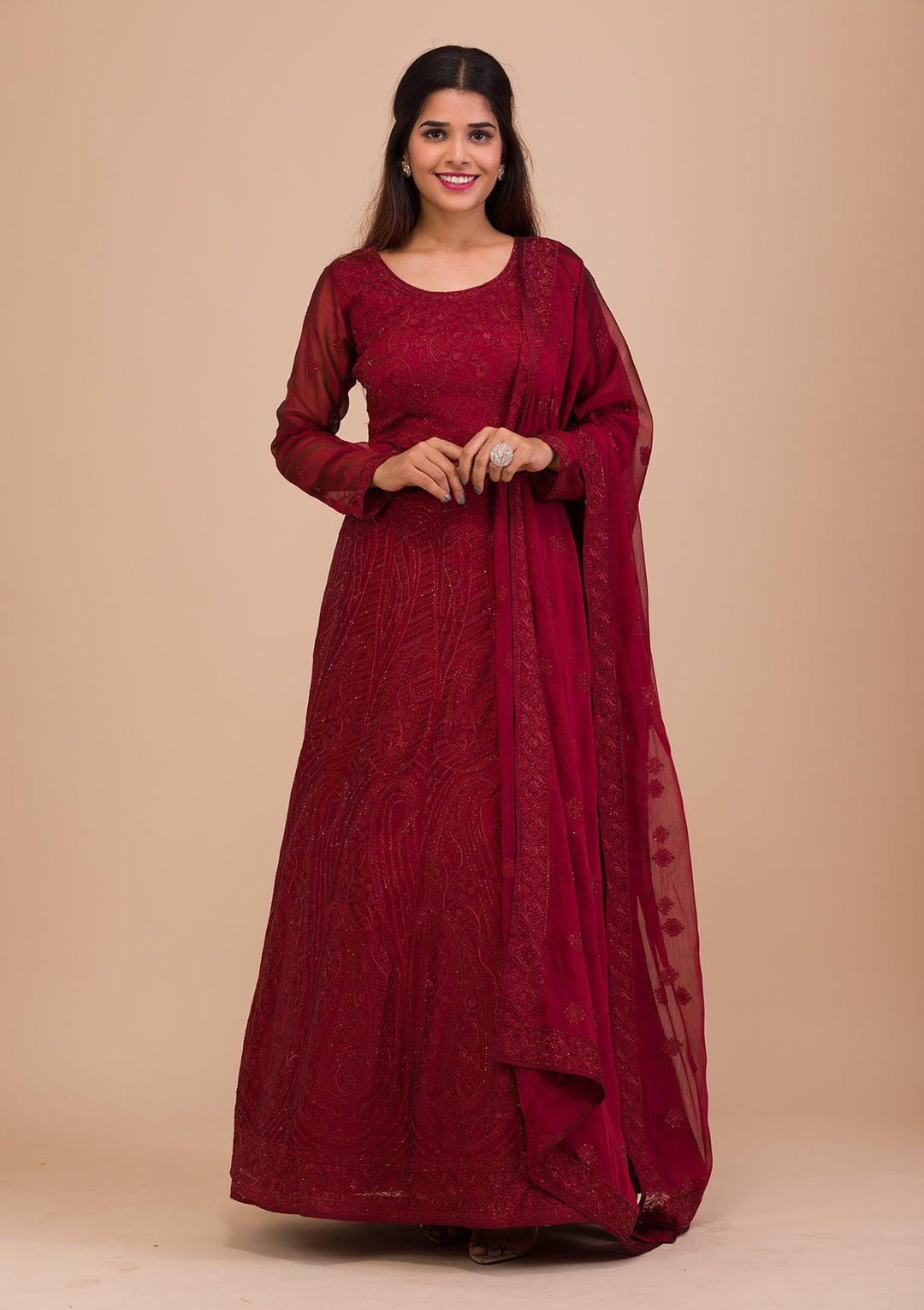 Maroon Swarovski Chiffon Readymade Anarkali Suit-Koskii