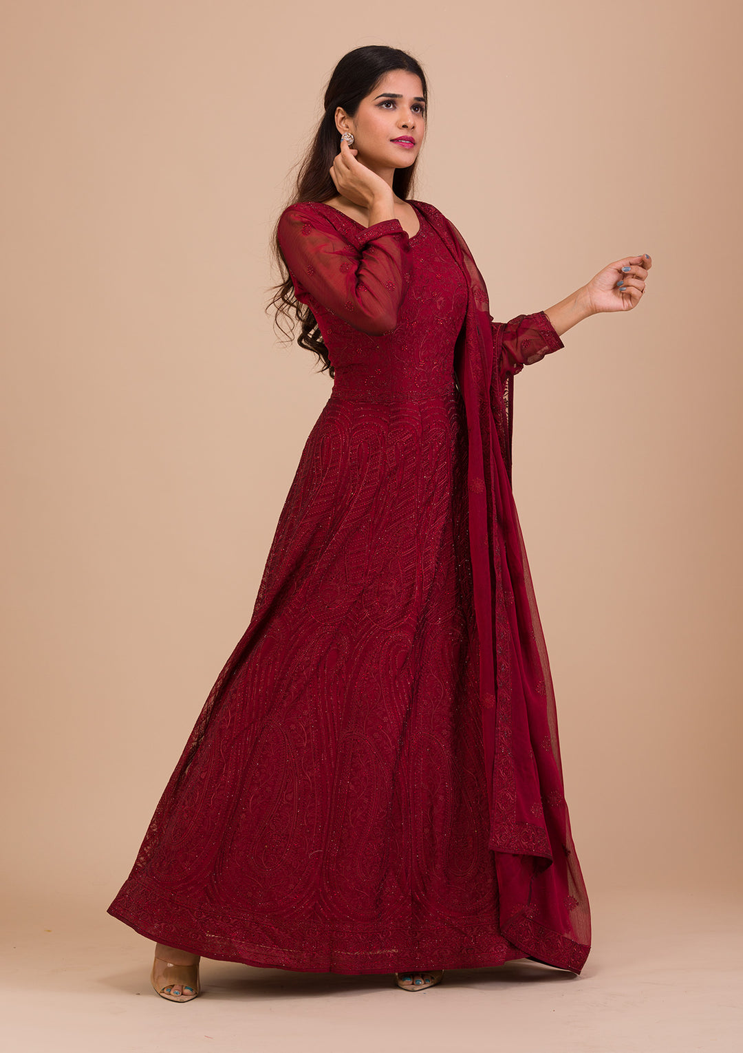 Maroon Swarovski Chiffon Readymade Anarkali Suit-Koskii