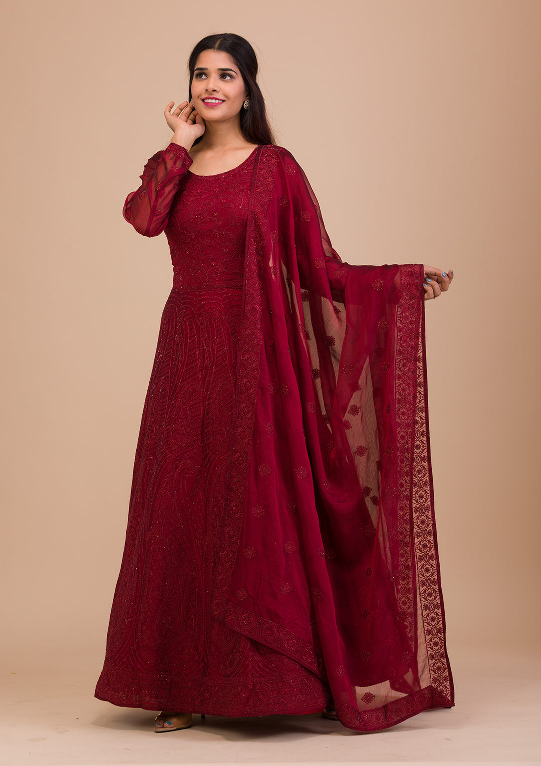 Maroon Swarovski Chiffon Readymade Anarkali Suit-Koskii