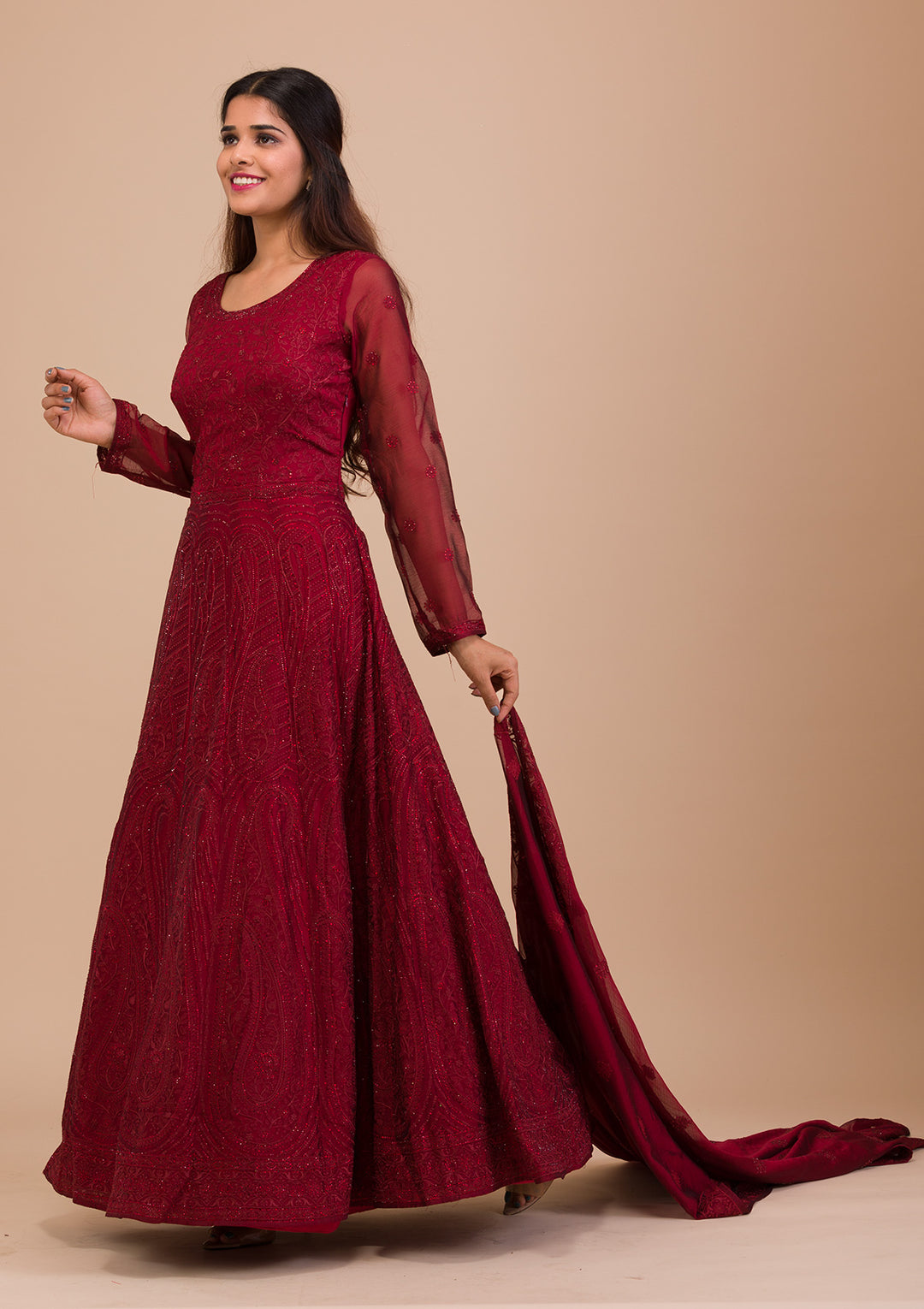 Maroon Swarovski Chiffon Readymade Anarkali Suit-Koskii
