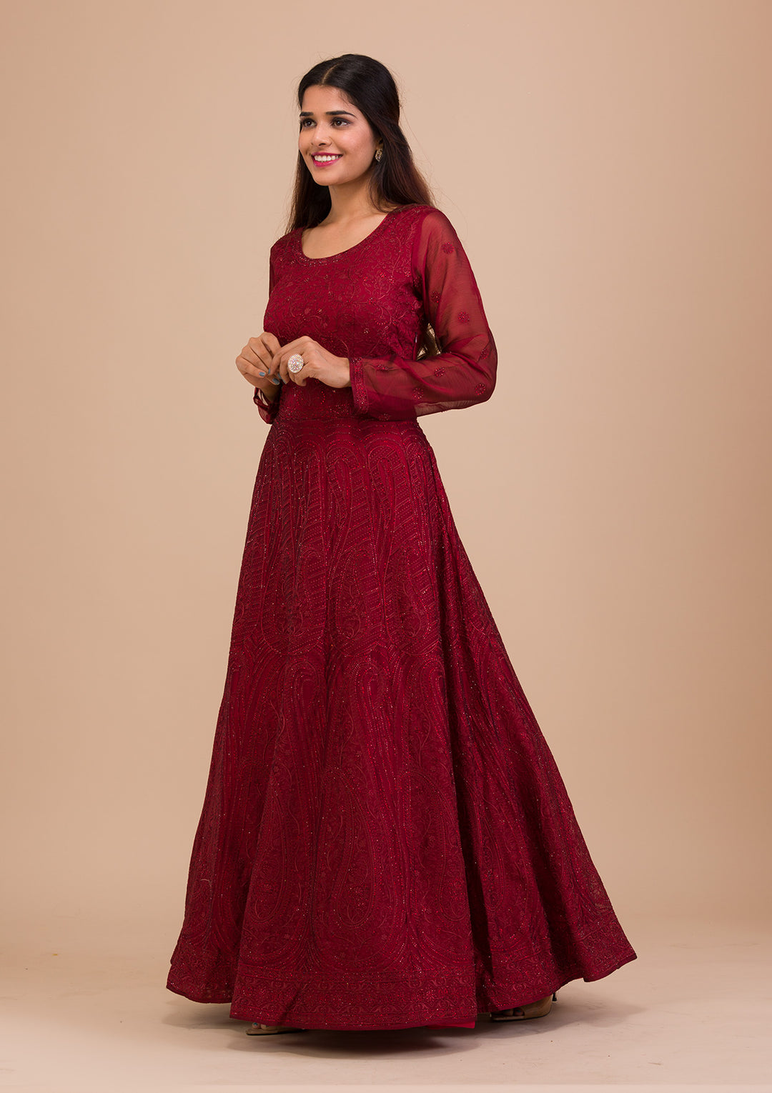 Maroon Swarovski Chiffon Readymade Anarkali Suit-Koskii