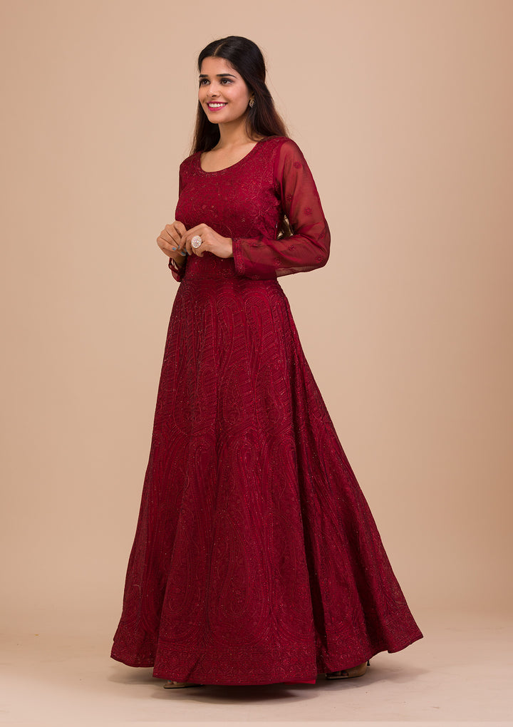 Maroon Swarovski Chiffon Readymade Anarkali Suit-Koskii