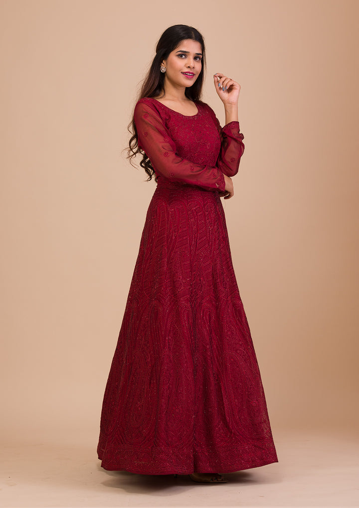 Maroon Swarovski Chiffon Readymade Anarkali Suit-Koskii