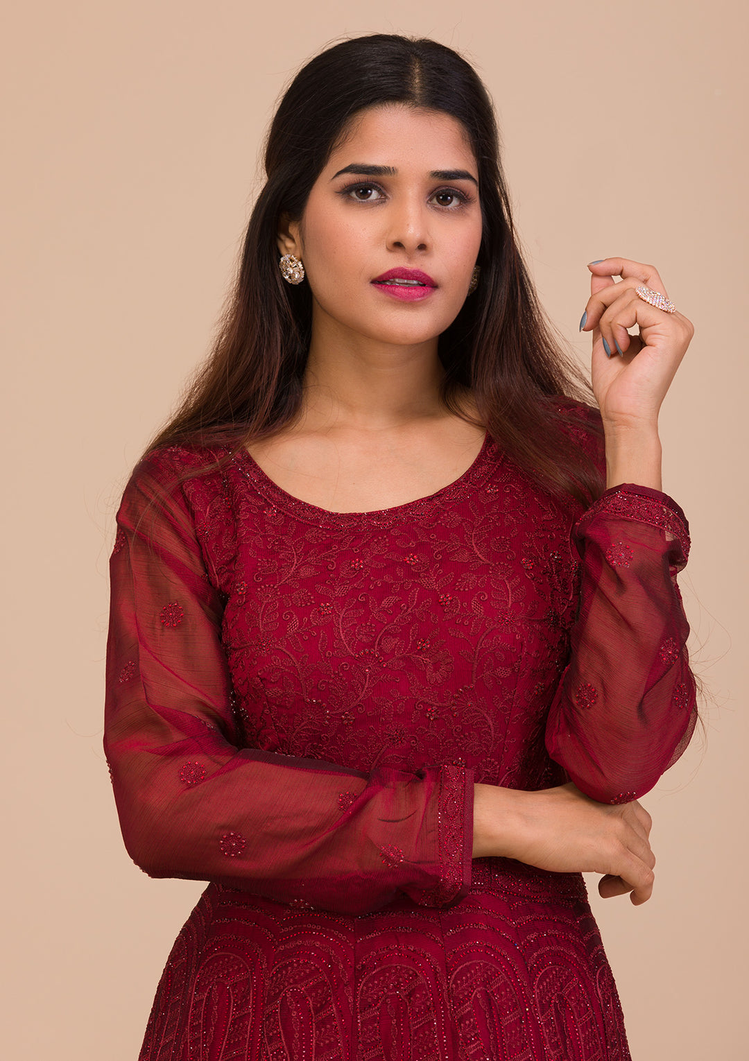 Maroon Swarovski Chiffon Readymade Anarkali Suit-Koskii
