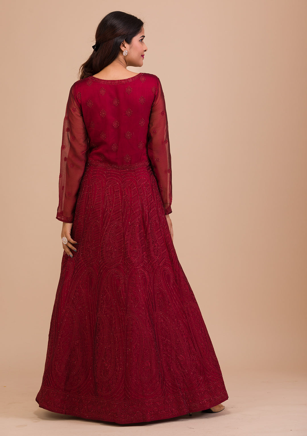 Maroon Swarovski Chiffon Readymade Anarkali Suit-Koskii