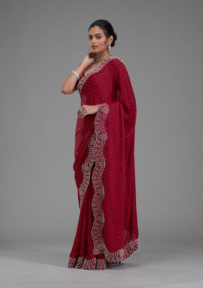 Maroon Swarovski Satin Saree-Koskii