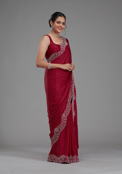 Maroon Swarovski Satin Saree-Koskii