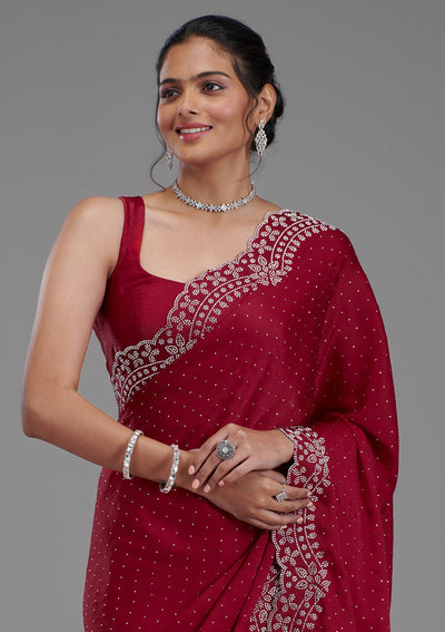 Maroon Swarovski Satin Saree-Koskii