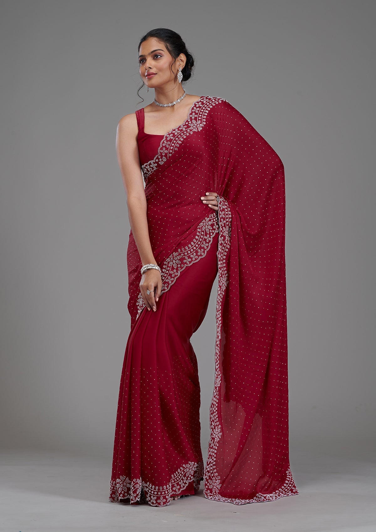 Maroon Swarovski Satin Saree-Koskii