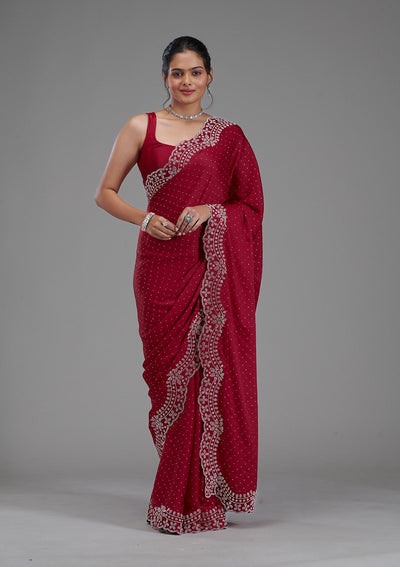 Maroon Swarovski Satin Saree-Koskii