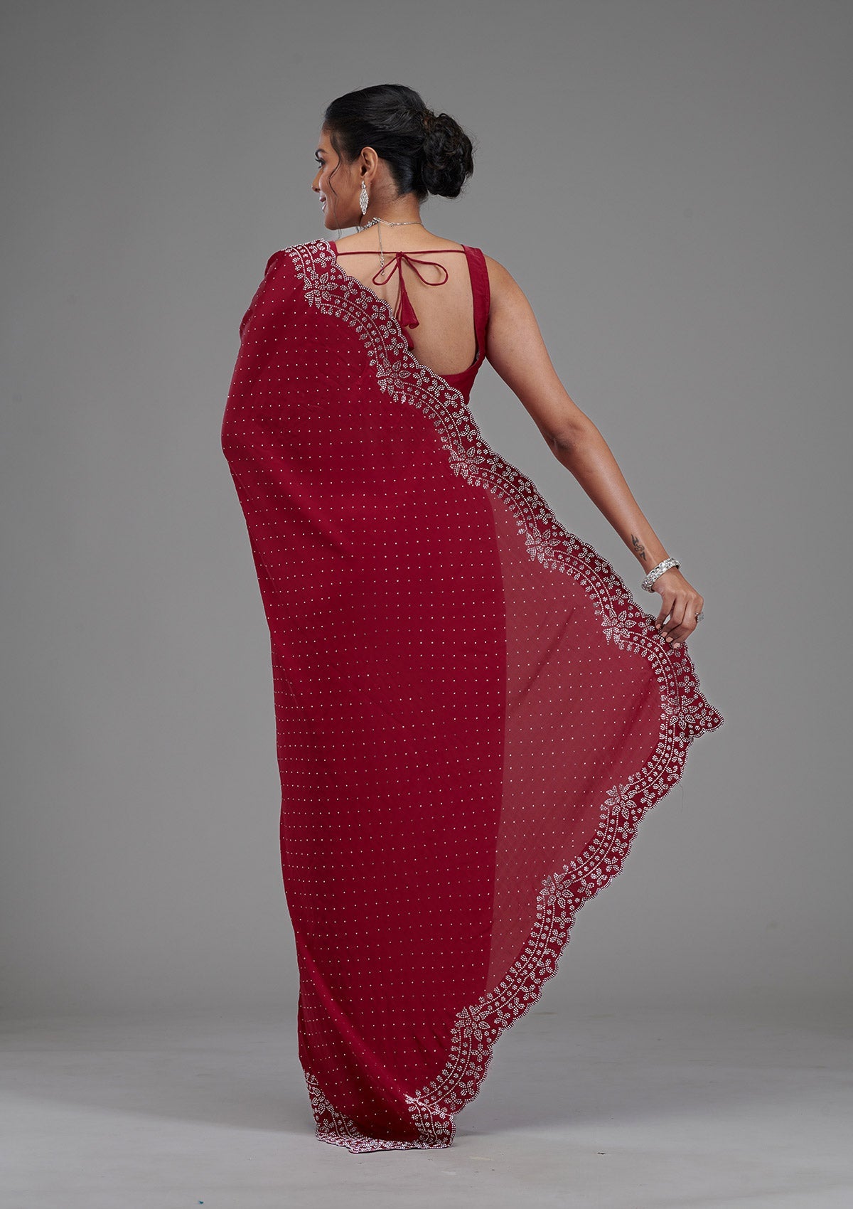 Maroon Swarovski Satin Saree-Koskii