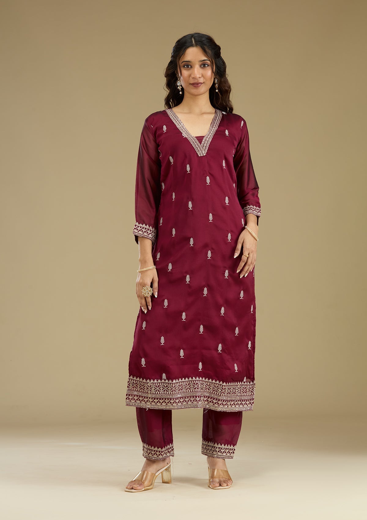 Maroon Threadwork Art Silk Readymade Salwar Suit-Koskii