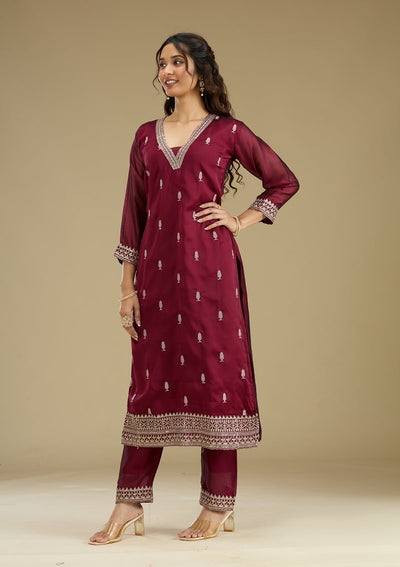 Maroon Threadwork Art Silk Readymade Salwar Suit-Koskii