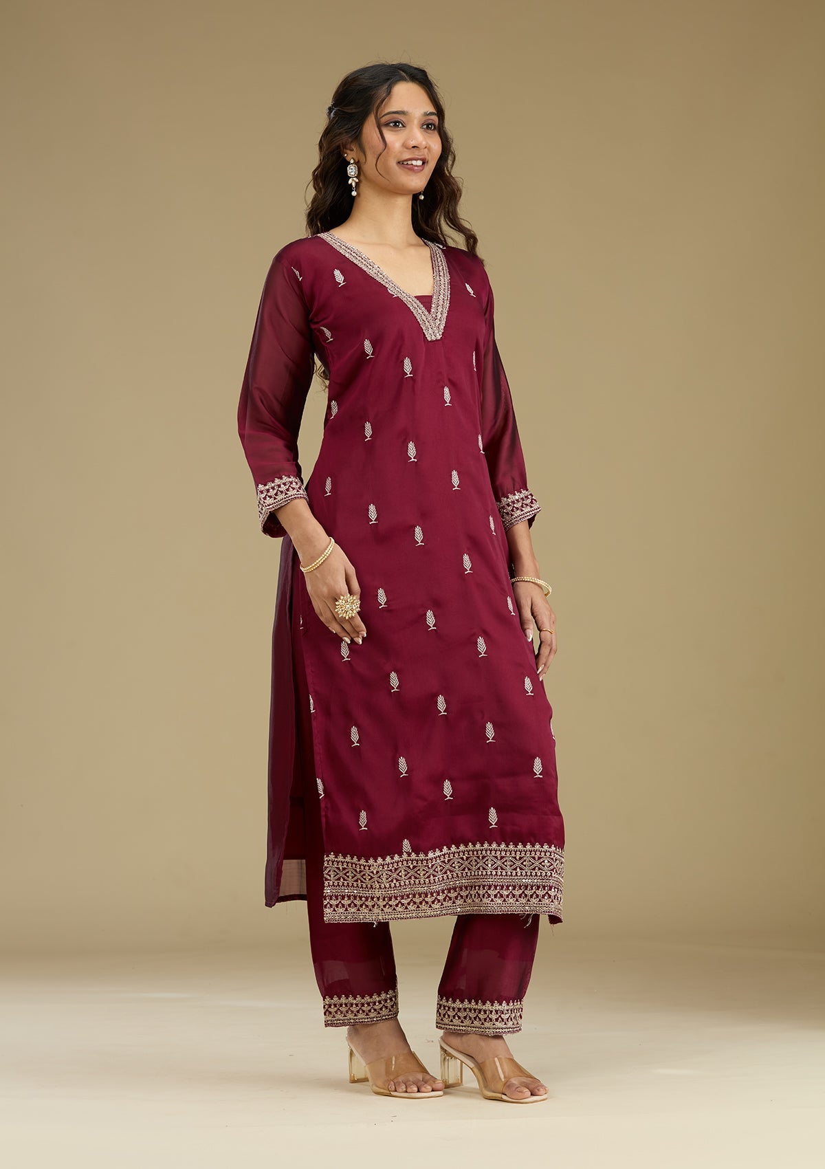 Maroon Threadwork Art Silk Readymade Salwar Suit-Koskii