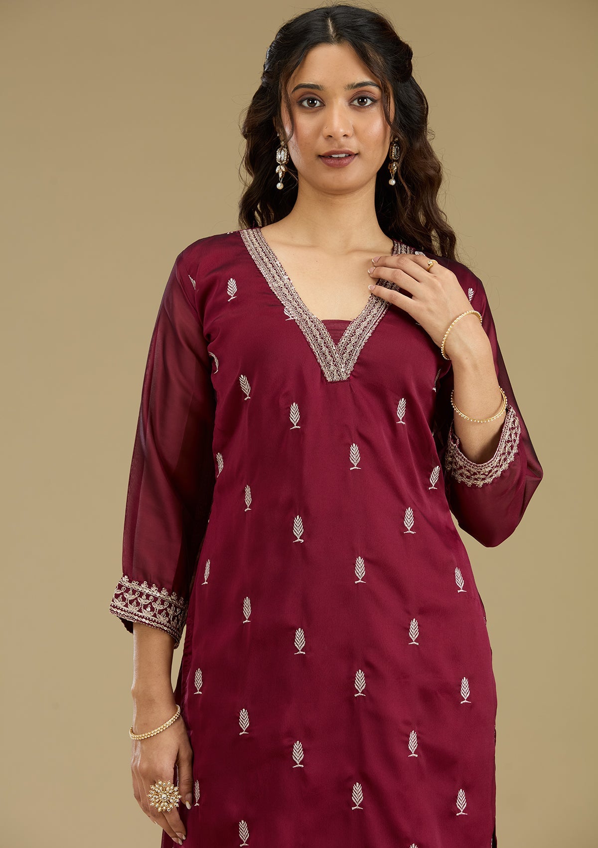 Maroon Threadwork Art Silk Readymade Salwar Suit-Koskii