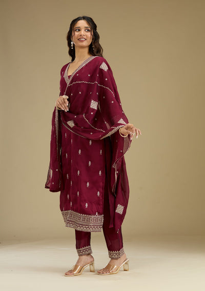 Maroon Threadwork Art Silk Readymade Salwar Suit-Koskii