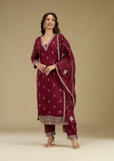 Maroon Threadwork Art Silk Readymade Salwar Suit-Koskii