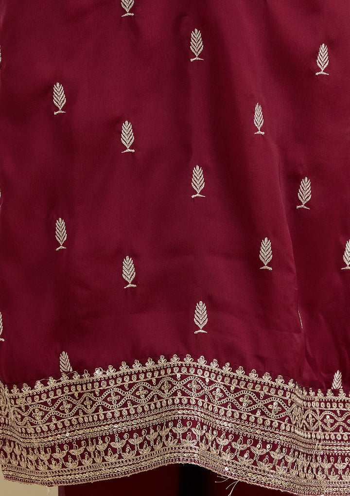 Maroon Threadwork Art Silk Readymade Salwar Suit-Koskii
