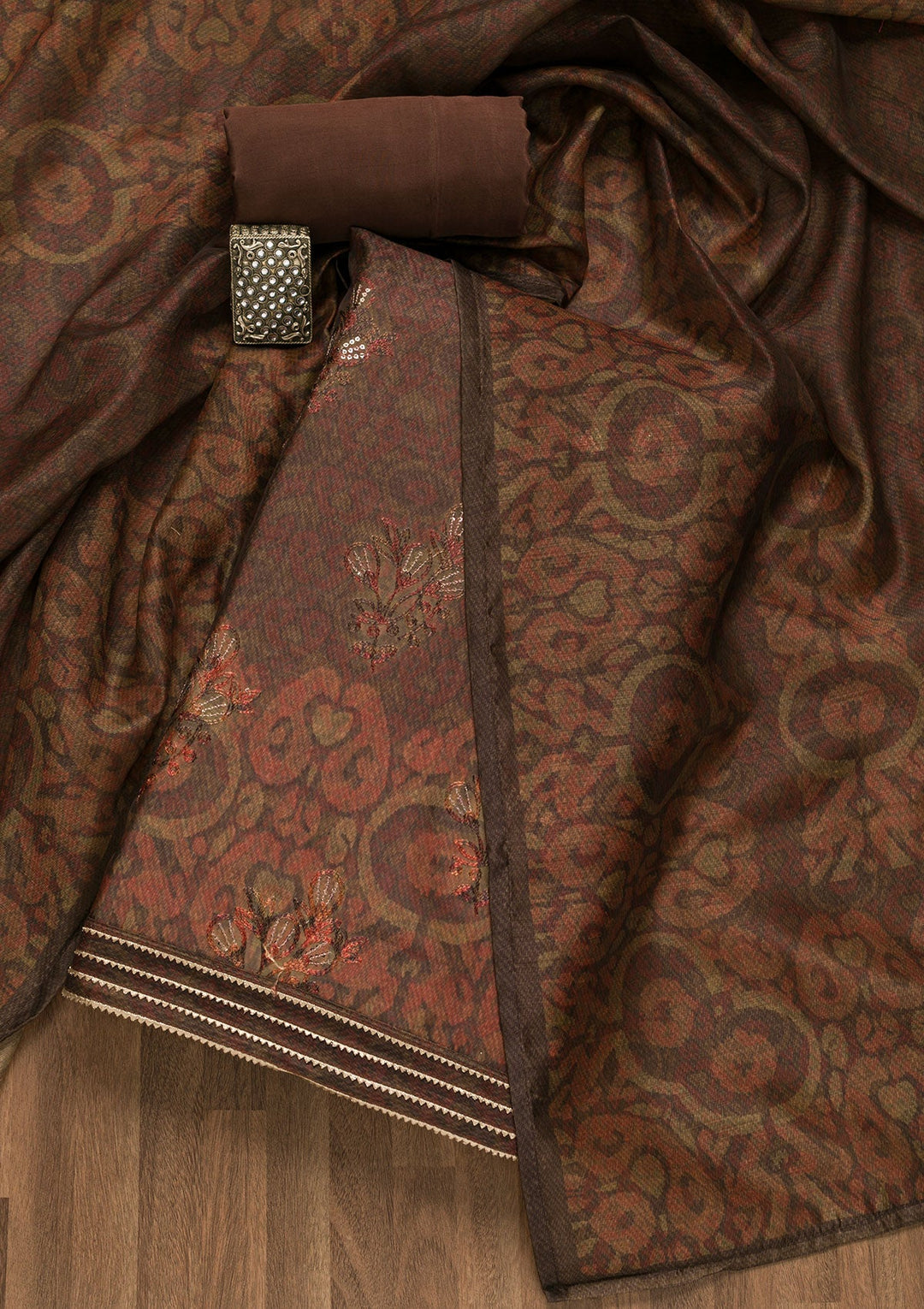 Maroon Threadwork Chanderi Unstitched Salwar Suit-Koskii
