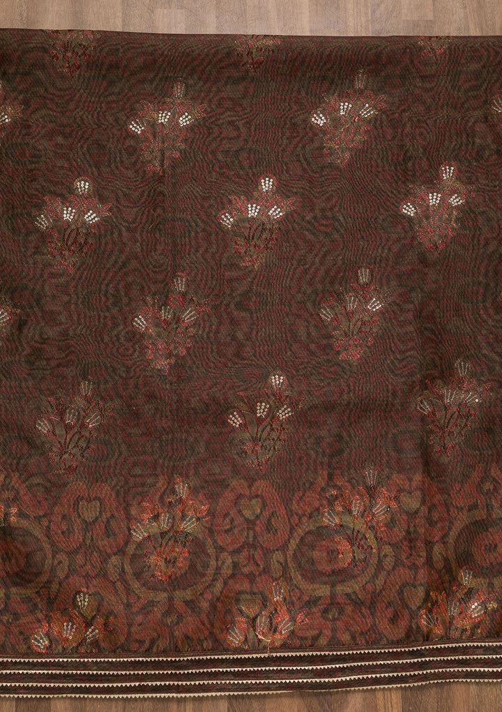 Maroon Threadwork Chanderi Unstitched Salwar Suit-Koskii
