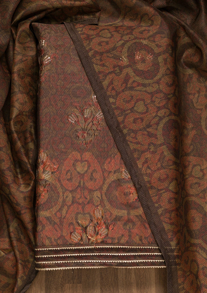 Maroon Threadwork Chanderi Unstitched Salwar Suit-Koskii
