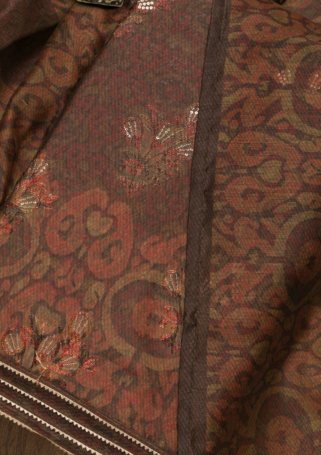 Maroon Threadwork Chanderi Unstitched Salwar Suit-Koskii