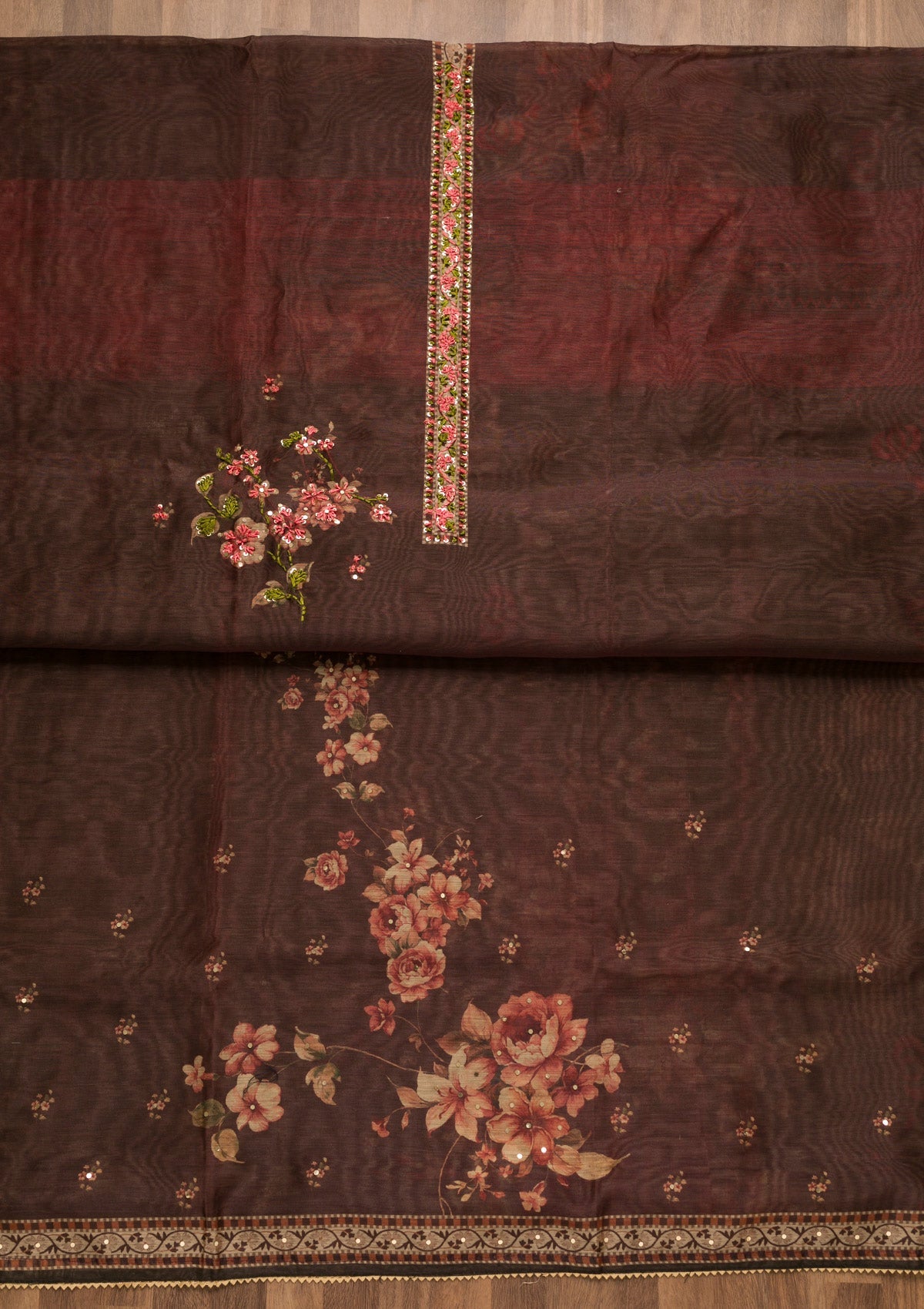 Maroon Threadwork Chanderi Unstitched Salwar Suit-Koskii