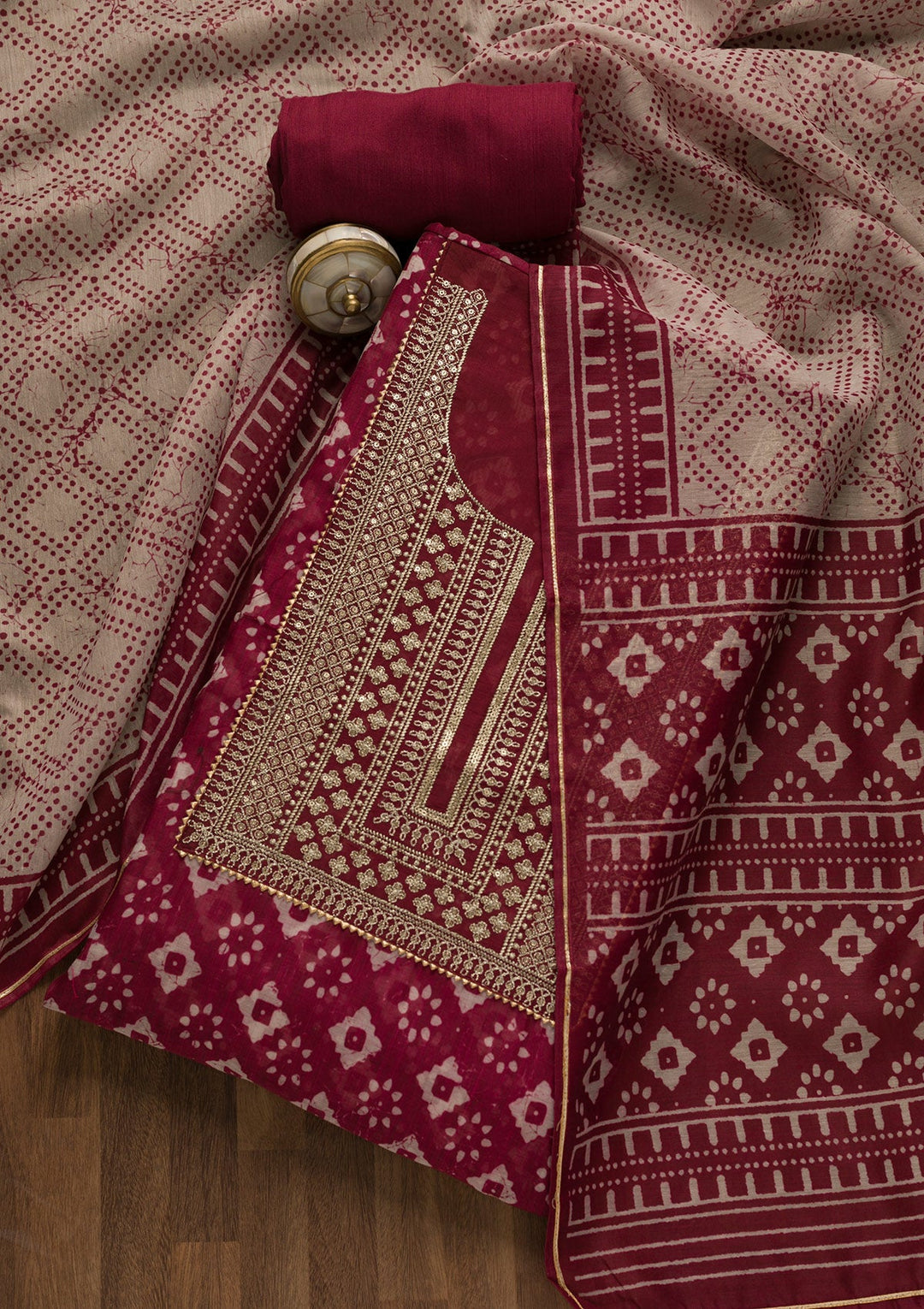 Maroon Threadwork Cotton Unstitched Salwar Kameez-Koskii