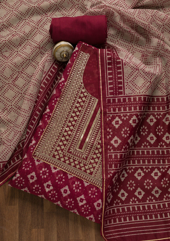 Maroon Threadwork Cotton Unstitched Salwar Kameez-Koskii