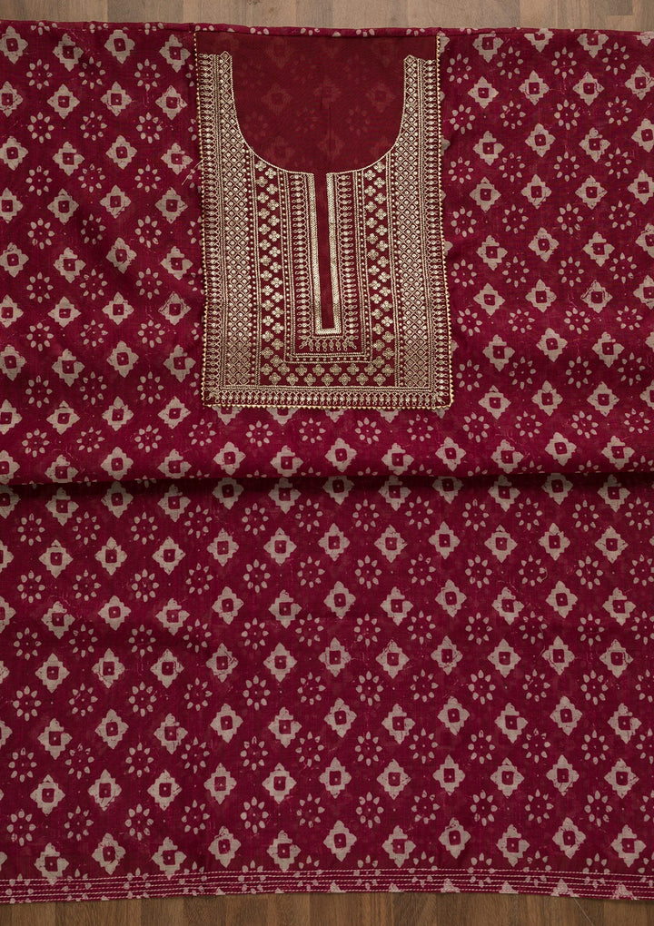 Maroon Threadwork Cotton Unstitched Salwar Kameez-Koskii
