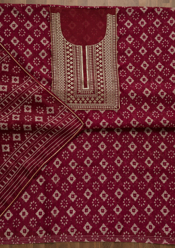 Maroon Threadwork Cotton Unstitched Salwar Kameez-Koskii
