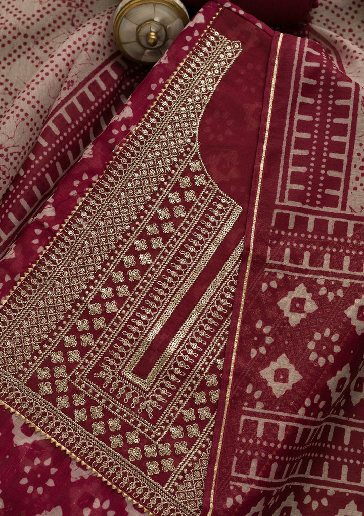 Maroon Threadwork Cotton Unstitched Salwar Kameez-Koskii