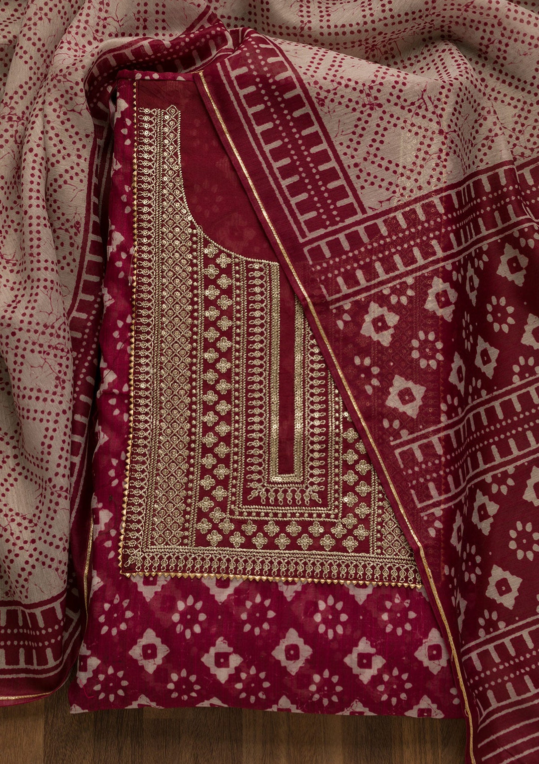 Maroon Threadwork Cotton Unstitched Salwar Kameez-Koskii