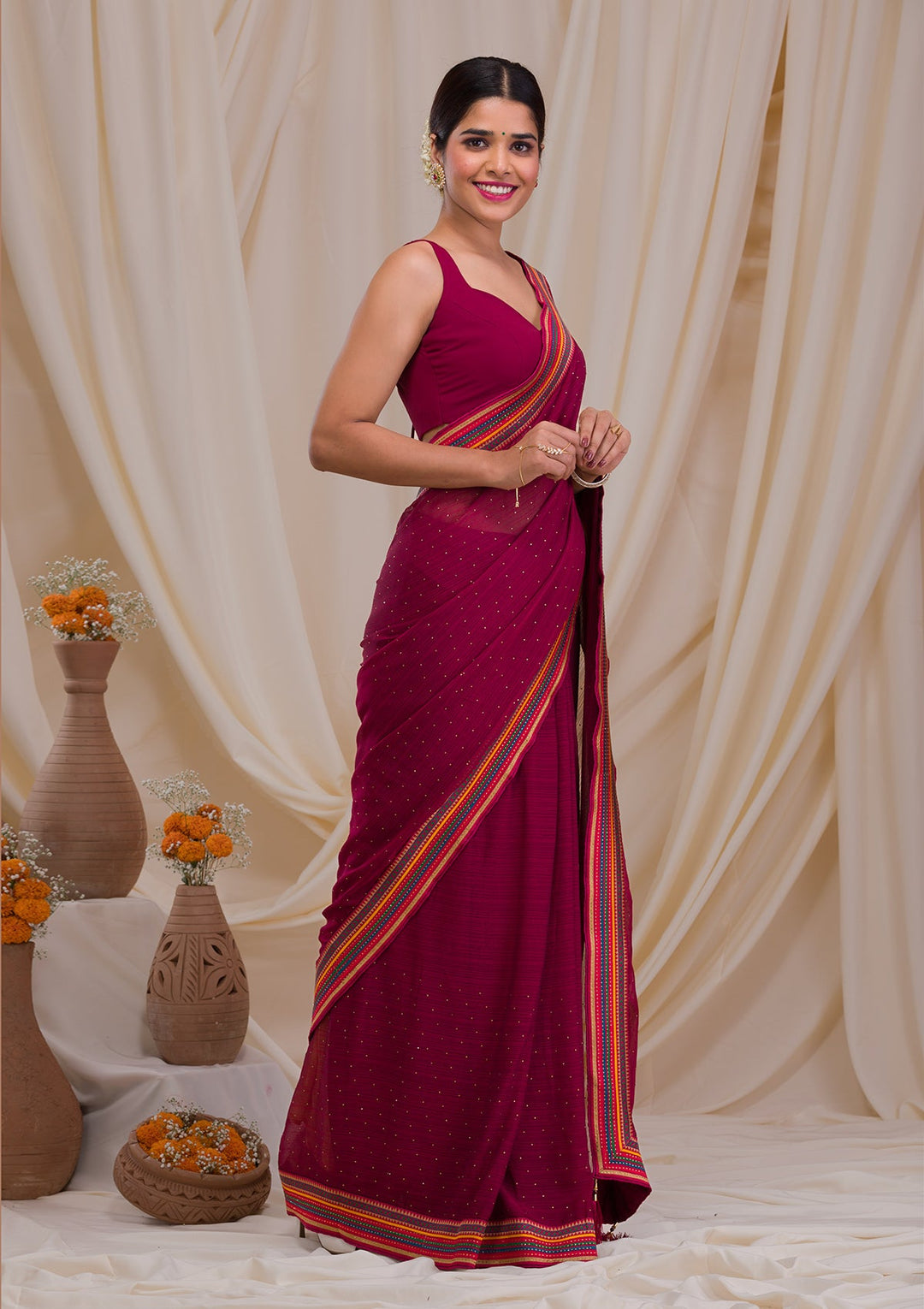 Maroon Threadwork Georgette Saree-Koskii