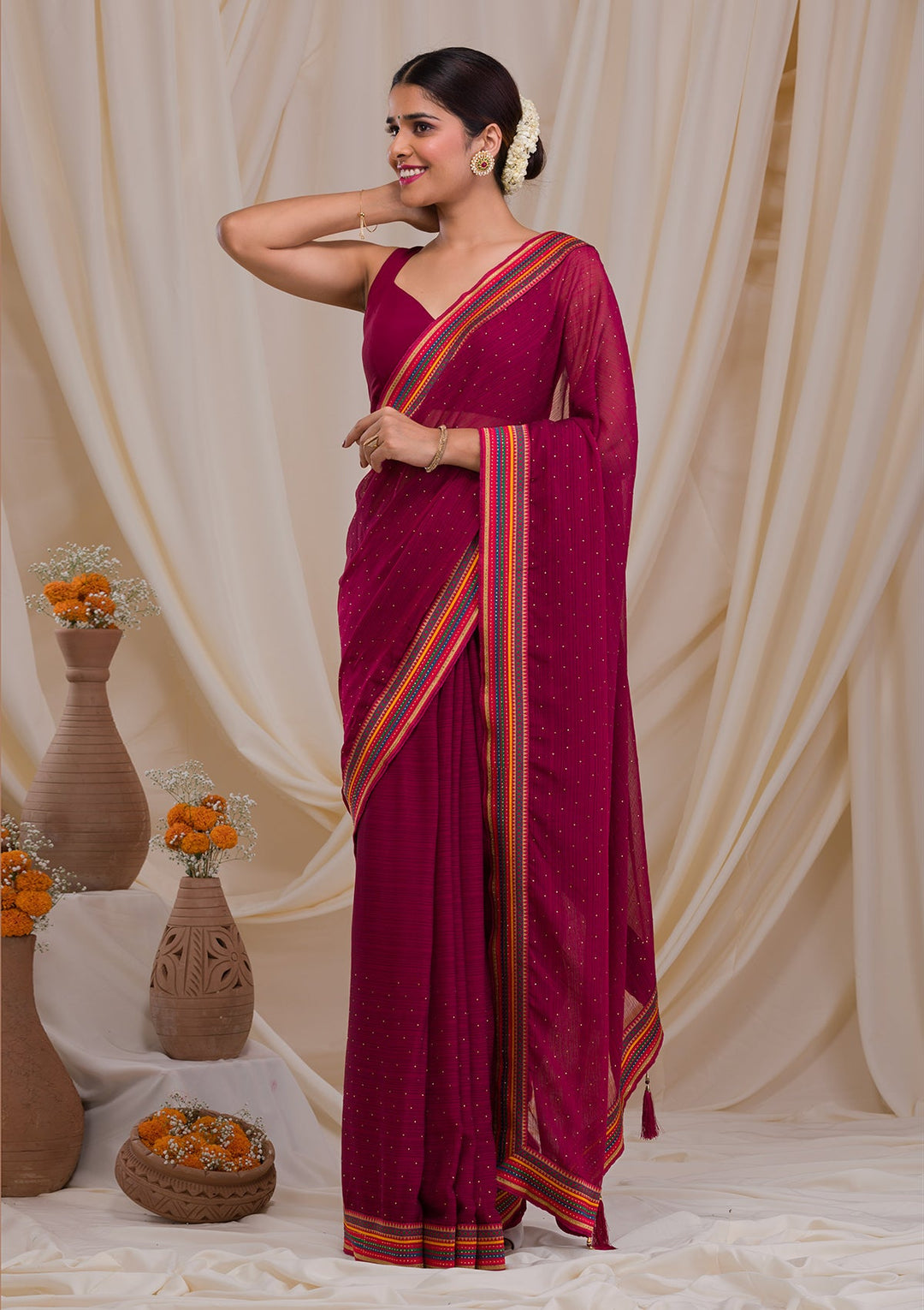 Maroon Threadwork Georgette Saree-Koskii