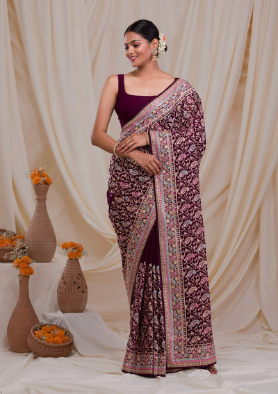 Maroon Threadwork Georgette Saree-Koskii