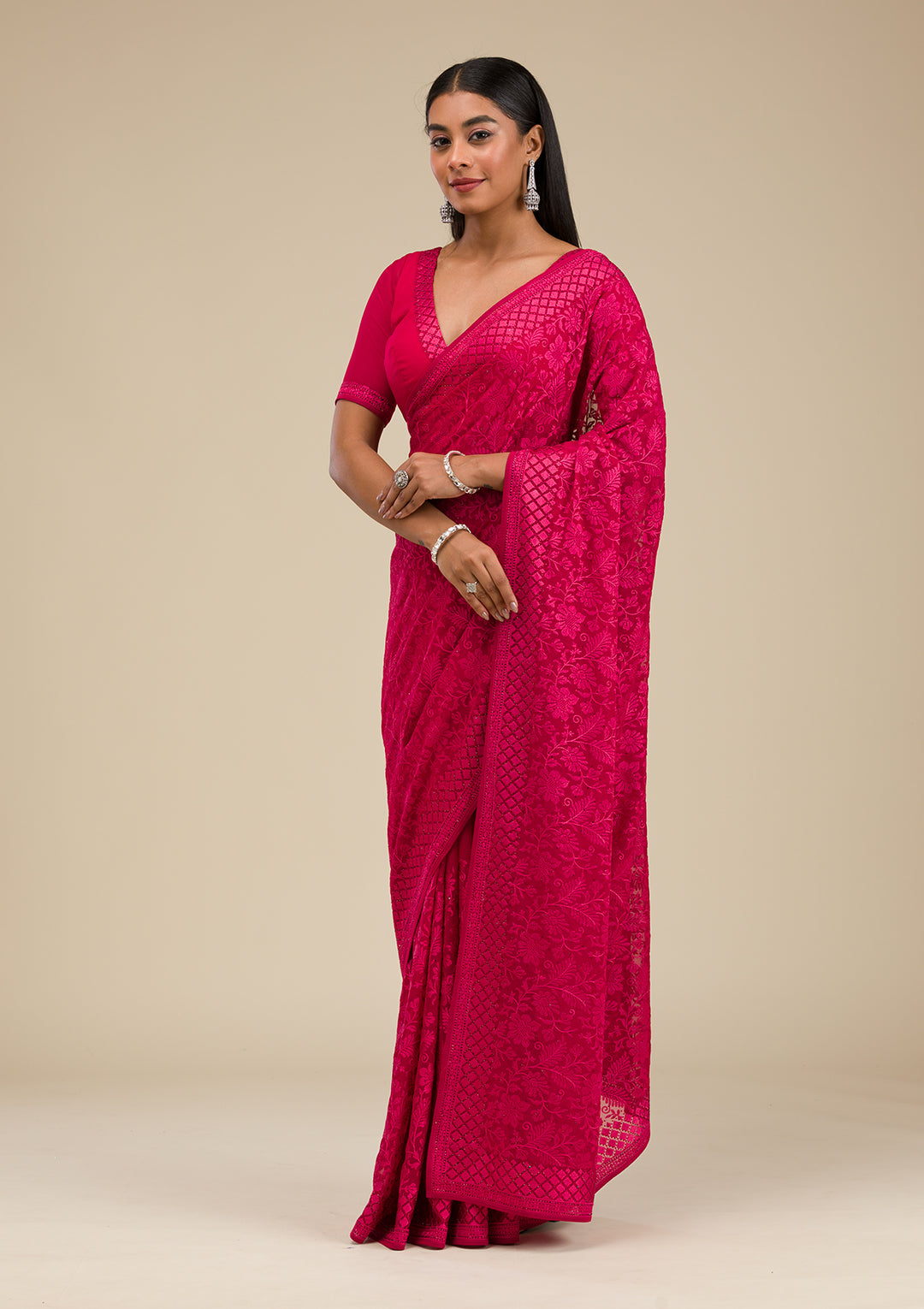 Maroon Threadwork Georgette Saree