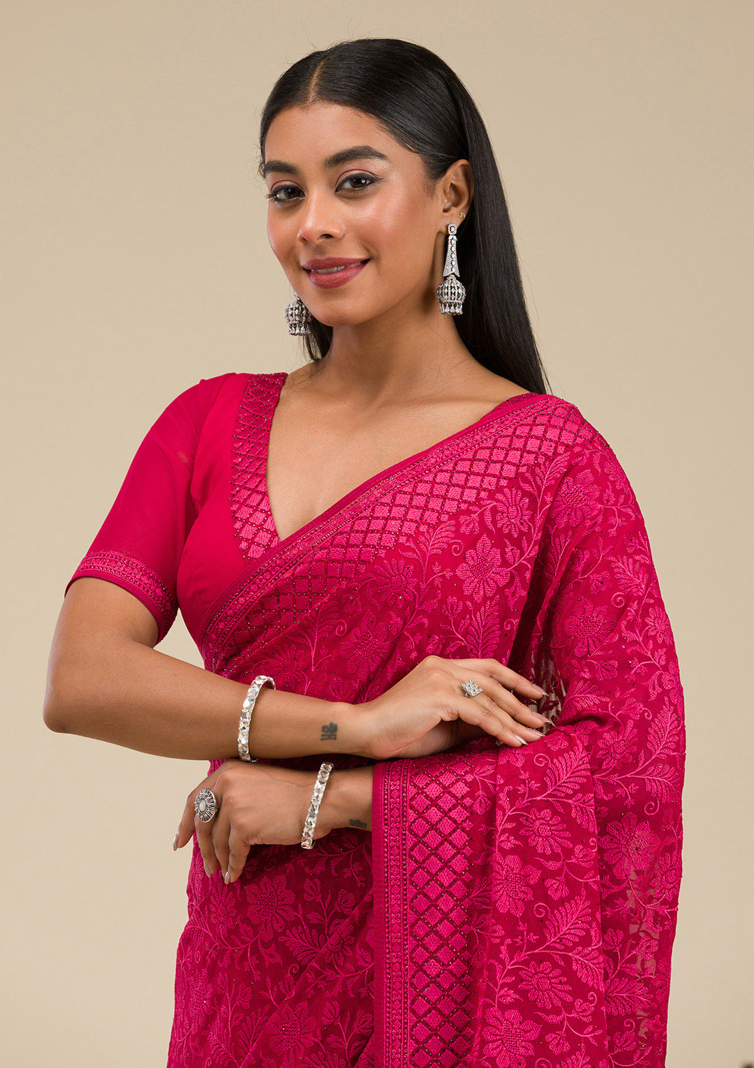 Maroon Threadwork Georgette Saree