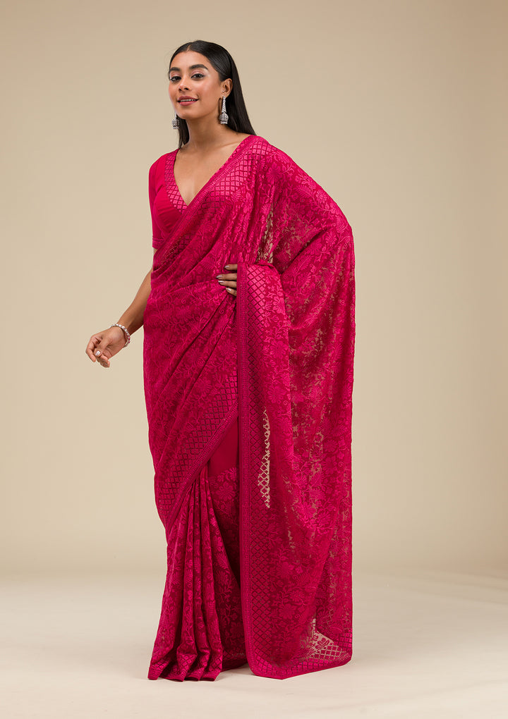 Maroon Threadwork Georgette Saree