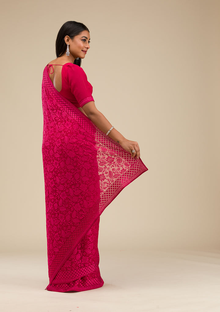 Maroon Threadwork Georgette Saree