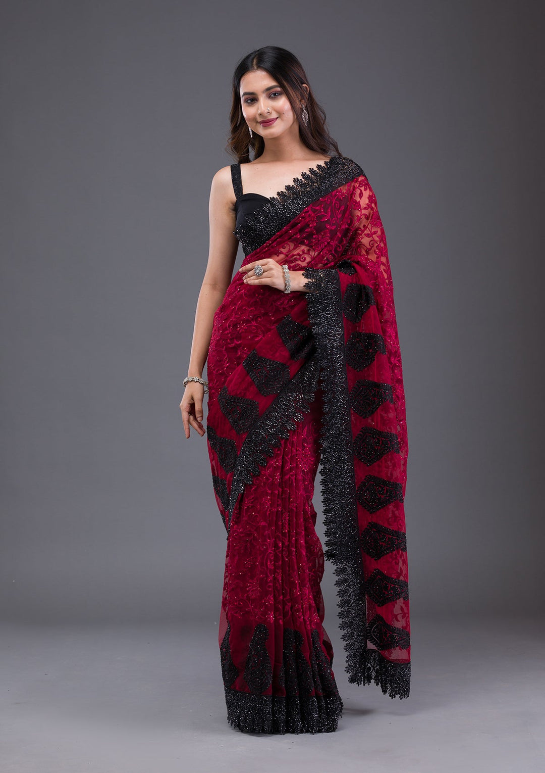 Sky Blue Stonework Georgette Designer Saree-Koskii