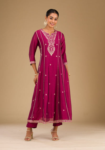 Maroon Threadwork Raw Silk Readymade Salwar Suit-Koskii