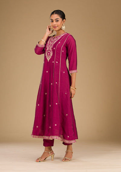 Maroon Threadwork Raw Silk Readymade Salwar Suit-Koskii