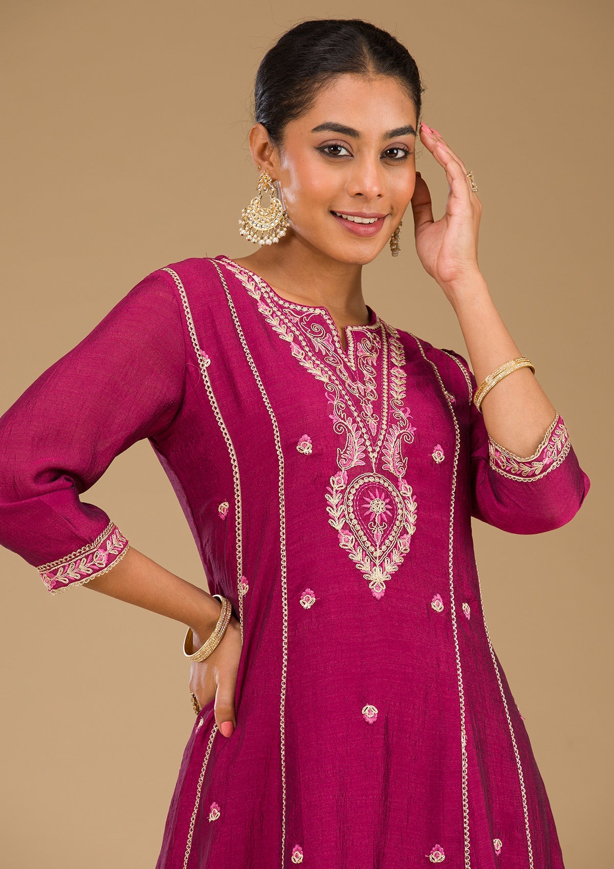 Maroon Threadwork Raw Silk Readymade Salwar Suit-Koskii