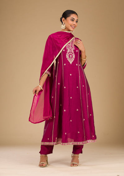 Maroon Threadwork Raw Silk Readymade Salwar Suit-Koskii