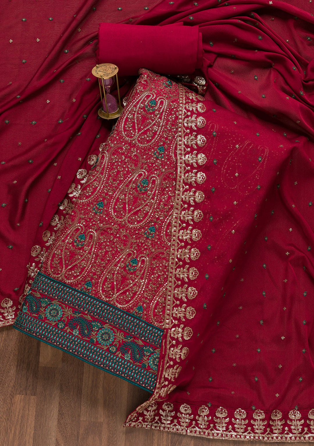 Maroon Threadwork Semi Crepe Unstitched Salwar Suit-Koskii