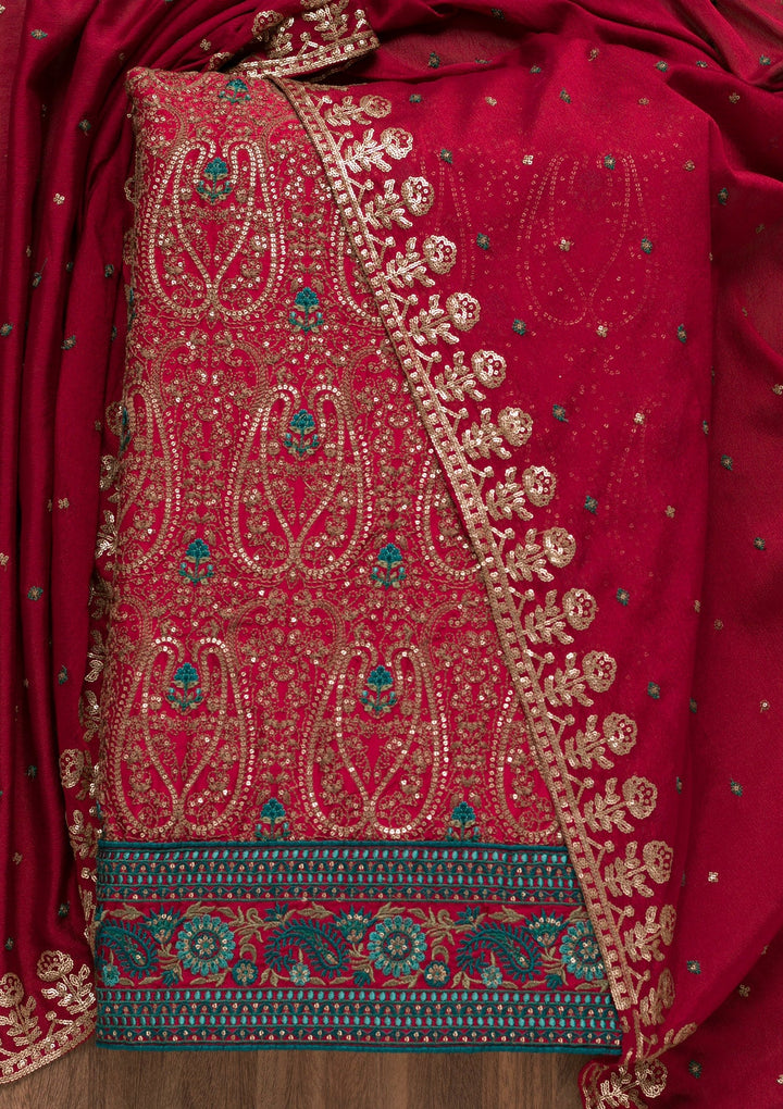 Maroon Threadwork Semi Crepe Unstitched Salwar Suit-Koskii