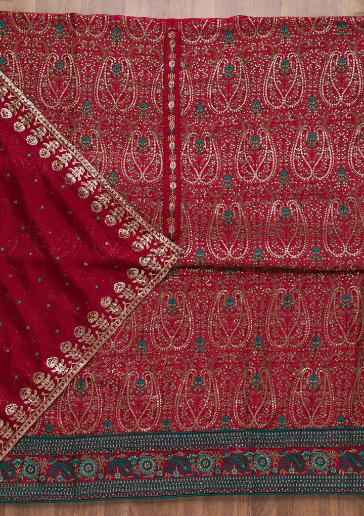 Maroon Threadwork Semi Crepe Unstitched Salwar Suit-Koskii