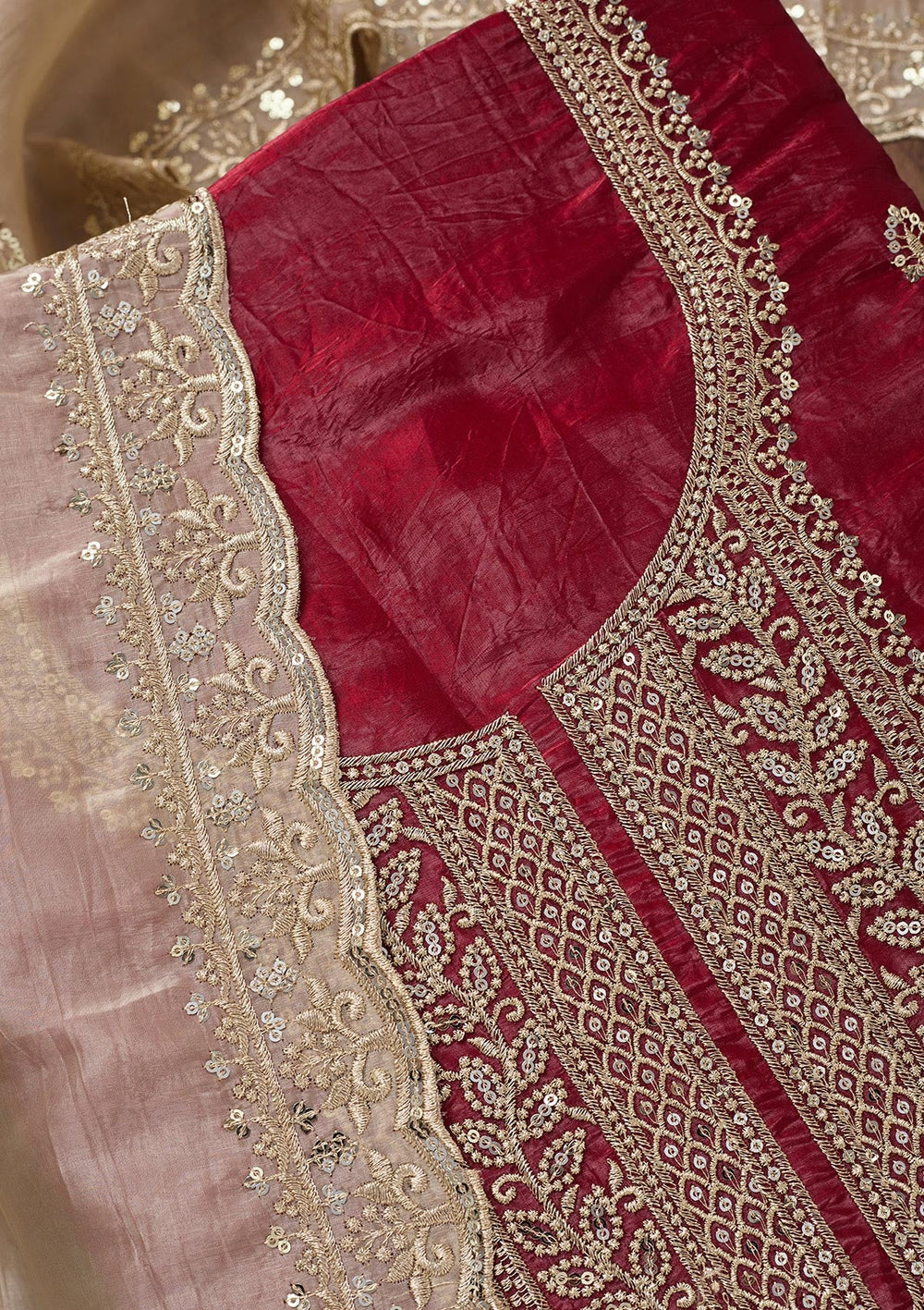 Maroon Threadwork Semi Crepe Unstitched Salwar Suit-Koskii